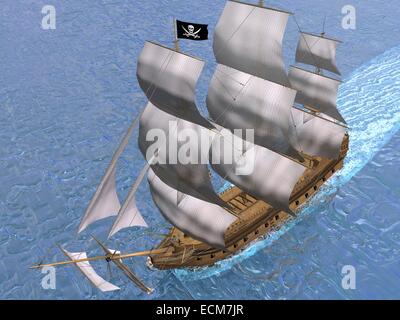 Piratenschiff schwarze Jolly Roger Flagge und schwimmt auf dem Ozean Stockfoto