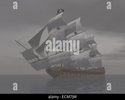 Piratenschiff schwarze Jolly Roger Flagge und schwimmt auf den Ozean von tief nebligen Nacht Stockfoto