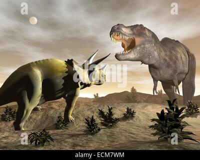 Ein Tyrannosaurus brüllen bei Triceratops Dinosaurier in einem Landschaft bei Nacht Stockfoto