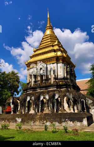 Gold gekrönt Elefant Chedi im Wat Chiang Man Tempel in Chiang Mai, Thailand Stockfoto