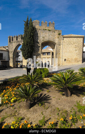 Jaen Stadttor und Antigua Carnicería, alte Metzgerei in Populo quadratisch, Baeza, Jaen Provinz, Andalusien, Spanien, Europa Stockfoto