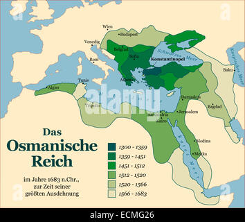 Das Osmanische Reich auf seine größte Ausdehnung im Jahre 1683. Deutsche Beschriftung! Stockfoto