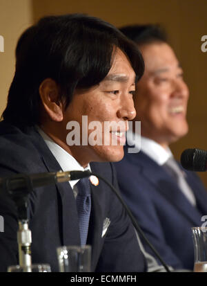 Tokio, Japan. 17. Dezember 2014. Ex-Yankee Hideki Matsui spricht während einer Pressekonferenz in Tokio Foreign Correspondents' Club of Japan auf Mittwoch, 17. Dezember 2014. Matsui zusammen mit seinem ehemaligen Teamkollegen Derek Jeter wird Co-Moderator eine Wohltätigkeitsveranstaltung Baseball "Support Our Kids," im Tokyo Dome im März für Junior High School Schüler aus der nordöstlichen Region der Katastrophe-Hit als auch amerikanische Studenten, die in Japan leben. © Natsuki Sakai/AFLO/Alamy Live-Nachrichten Stockfoto