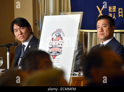 Tokio, Japan. 17. Dezember 2014. Ex-Yankee Hideki Matsui, links, und seinen ehemaligen Teamkollegen und Manager der Yomiuri Giants Ball Club teilnehmen eine Pressekonferenz am Tokios Foreign Correspondents' Club of Japan am Mittwoch, 17. Dezember 2014. Matsui zusammen mit seinen ehemaligen Teamkollegen Yankee, die Derek Jeter wird Co-Gastgeber ein Charity-Baseball-Event, gesponsert von Morinaga im Tokyo Dome im März für Junior High School Schüler aus der nordöstlichen Region der Katastrophe-Hit als auch amerikanische Studenten, die in Japan leben. © Natsuki Sakai/AFLO/Alamy Live-Nachrichten Stockfoto