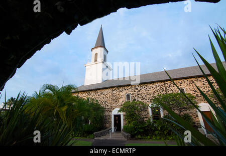 Kona Hawaii Big Island Kailua-Kona Mokuaikaua Kirche die erste Kirche in Hawaii 1830 Kirche Kirchturm und Felsen der "Kirche der Chim Stockfoto
