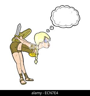Cartoon-Viking Mädchen verbeugte sich mit Gedankenblase Stock Vektor