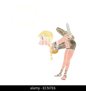 Cartoon-Viking Mädchen verbeugte sich mit Gedankenblase Stock Vektor