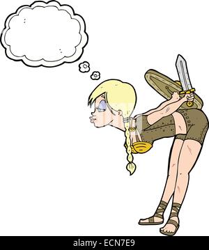 Cartoon-Viking Mädchen verbeugte sich mit Gedankenblase Stock Vektor