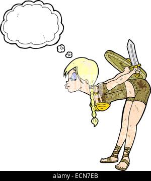 Cartoon-Viking Mädchen verbeugte sich mit Gedankenblase Stock Vektor