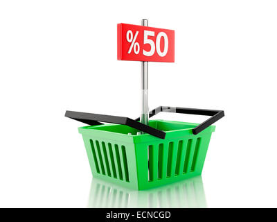 3D Renderer Abbildung. Warenkorb mit 50 Prozent-Zeichen. Rabatt-Konzept auf weißem Hintergrund Stockfoto