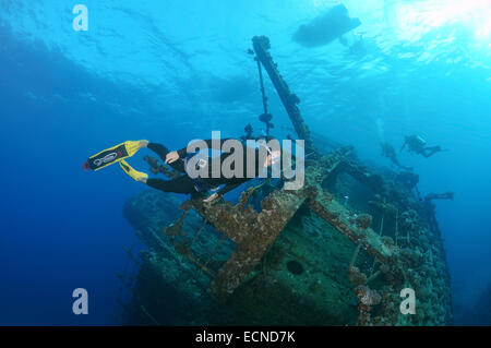 Freediver taucht auf Wreckship Gianis D. Rotes Meer, Sharm El Sheikh, Motorradfahrt Stockfoto