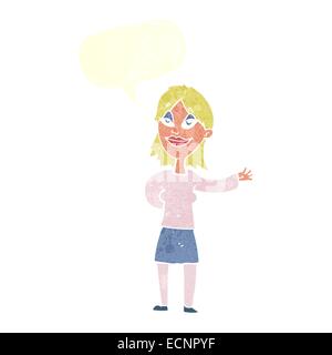 Cartoon-Frau Gestikulieren um etwas mit Sprechblase anzeigen Stock Vektor
