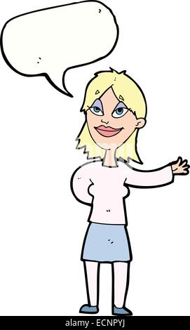 Cartoon-Frau Gestikulieren um etwas mit Sprechblase anzeigen Stock Vektor