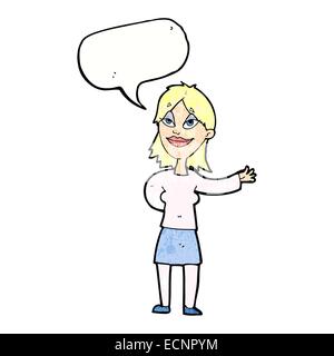 Cartoon-Frau Gestikulieren um etwas mit Sprechblase anzeigen Stock Vektor