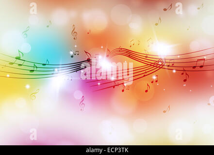 Musiknoten und verschwommenen Lichtern auf hellen mehrfarbigen Hintergrund Stockfoto