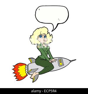 Cartoon Armee Pin-up Girl Reiten Rakete] mit Sprechblase Stock Vektor