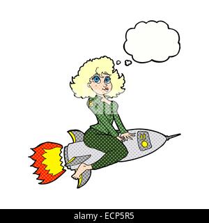 Cartoon Armee Pin-up Girl Reiten Rakete] mit Gedankenblase Stock Vektor