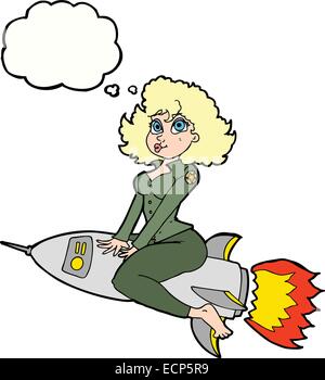 Cartoon Armee Pin-up Girl Reiten Rakete] mit Gedankenblase Stock Vektor