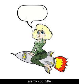 Cartoon Armee Pin-up Girl Reiten Rakete] mit Sprechblase Stock Vektor