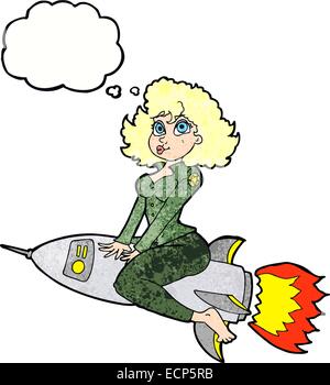Cartoon Armee Pin-up Girl Reiten Rakete] mit Gedankenblase Stock Vektor