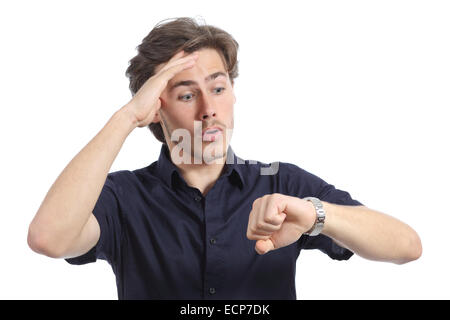 Pessimist Mann running out of Time suchen seine Uhr auf einem weißen Hintergrund isoliert Stockfoto
