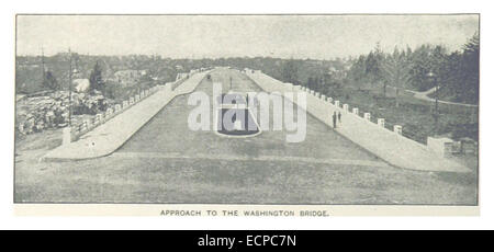 Eine Illustration aus dem Jahr 1893 aus Kings New York City, die den Zugang zur Washington Bridge zeigt. Die Zeichnung bietet einen detaillierten Blick auf diesen Wahrzeichen während seiner Zeit. Stockfoto