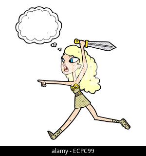 Cartoon-Viking Mädchen mit Schwert mit Gedankenblase Stock Vektor