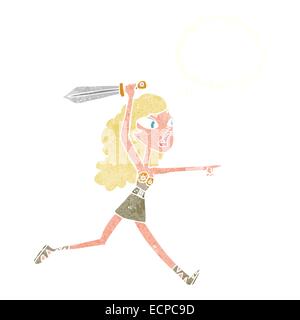 Cartoon-Viking Mädchen mit Schwert mit Gedankenblase Stock Vektor