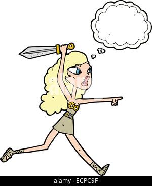 Cartoon-Viking Mädchen mit Schwert mit Gedankenblase Stock Vektor