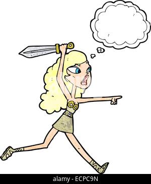 Cartoon-Viking Mädchen mit Schwert mit Gedankenblase Stock Vektor