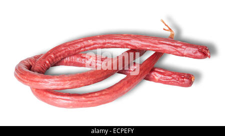 Lange, dünne geräucherte Wurst, Isolated On White Background Stockfoto