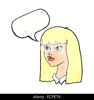 Cartoon hübsches Mädchen mit langen Haaren mit Sprechblase Stock Vektor