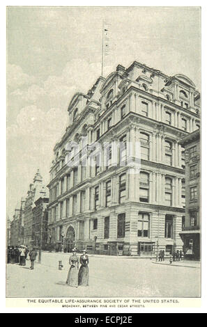 Diese Zeichnung von King aus dem Jahr 1893 veranschaulicht die Lage des Gebäudes der Equitable Life-Assurance Society der Vereinigten Staaten zwischen Broadway, Pine und Cedar Street in New York City. Stockfoto