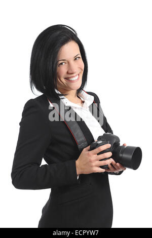 Professioneller Fotograf Frau mit einer Dslr-Kamera auf einem weißen Hintergrund isoliert Stockfoto