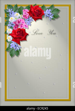 Weißen quadratischen Rahmen mit einem Winkel von Blüten und Blättern Stockfoto