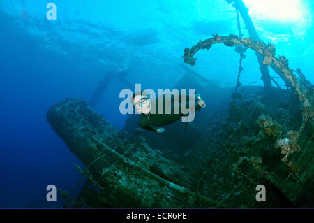 Freediver taucht auf Wreckship Gianis D. Rotes Meer, Sharm El Sheikh, Motorradfahrt Stockfoto