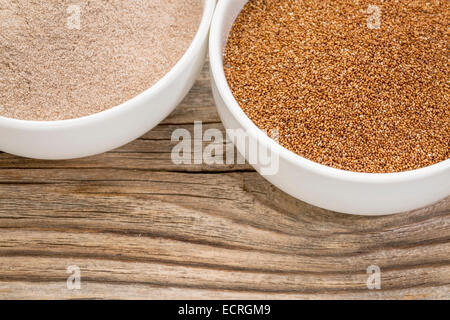 Teff-Getreide und Mehl in kleinen Keramikschalen gemaserte Holz Hintergrund Stockfoto