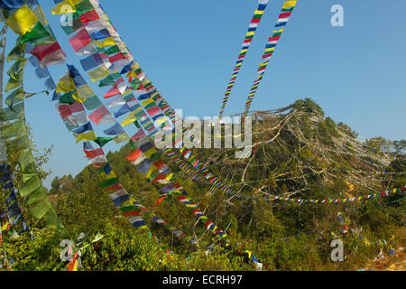 Gebetsfahnen im Namo Buddha Heiligtum auf einem Hügel am 1982 Mtr wichtiger Wallfahrtsort im Zentrum Panauti Nepal Stockfoto