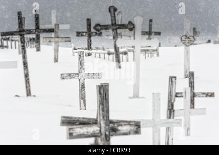 Holzkreuze im Schnee Stockfoto