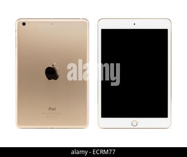 Gold Apple iPad Mini 3 Tablet-Computer mit Bildschirm, Vorder- und Rückansicht mit Beschneidungspfad auf weißem Hintergrund isoliert. Stockfoto