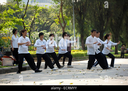 Horizontale Ansicht von Menschen praktizieren Tai Chi im Lumphini-Park in Bangkok. Stockfoto