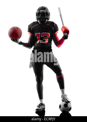 ein american Footballspieler mit Korb base Ball Fledermaus in Silhouette Schatten auf weißem Hintergrund Stockfoto