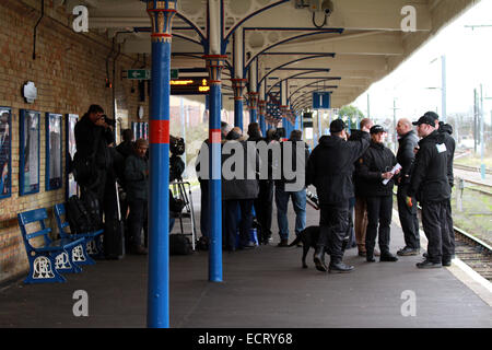 Kings Lynn, Norfolk, Großbritannien. 18. Dezember 2014. HM finalisieren Königin Elizabeth II in Kings Lynn von Zug Polizisten und ein Spürhund ihre Vorbereitungen bevor HM Königin Elizabeth II in Kings Lynn mit dem Zug ankommt. Wie ein Mitglied der Öffentlichkeit reiste sie im öffentlichen Zug, ihre jährlichen Weihnachtsferien in Sandringham, Norfolk startbereit. Es ist nicht ungewöhnlich, dass der Monarch, öffentliche Verkehrsmittel zu benutzen, wenn sie nach Kings Lynn reist. Bildnachweis: Paul Marriott/Alamy Live-Nachrichten Stockfoto