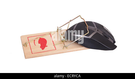 Moderne Computer-Maus in einer Mausefalle vor weißem Hintergrund Stockfoto
