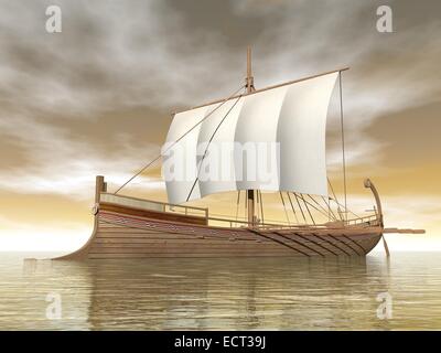 Alte griechische Boot schwimmt auf den Ozean von Braun bewölktem Stockfoto