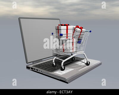 Einkaufswagen voller Geschenke zum Laptop symbolisiert e-Commerce im trüben grauen Hintergrund bieten Stockfoto