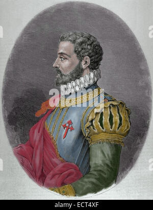 Alonso de Ercilla (1533-1594). Spanischer Adliger, Soldat und epischen Dichter. Porträt. Kupferstich von Capuz. des 19. Jahrhunderts. Farbige. Stockfoto