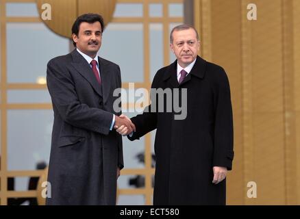 Ankara. 19. Dezember 2014. Turkish President Recep Tayyip Erdogan (R) schüttelt die Hand mit dem Besuch der Scheich Tamim bin Hamad Al-Thani, Emir von Katar, im neuen türkischen Präsidentenpalast in Ankara, Türkei am 19. Dezember 2014 © Mustafa Kaya/Xinhua/Alamy Live News Stockfoto