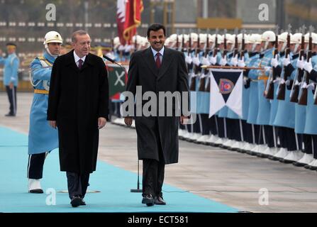 Ankara. 19. Dezember 2014. Der türkische Präsident Recep Tayyip Erdogan (L vorne) und Besuch Scheich Tamim bin Hamad Al-Thani, Emir von Katar, bewerten Sie eine Ehrengarde am neuen türkischen Präsidentenpalast in Ankara, Türkei, 19. Dezember 2014 © Mustafa Kaya/Xinhua/Alamy Live News Stockfoto