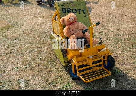 Brott 20 sitzen auf Rasenmäher mit Teddybär im Fahrersitz. Stockfoto